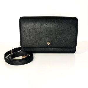 Tory Burch Emerson Combo Crossbody Purse Black Saffiano Leather Clutch Bag